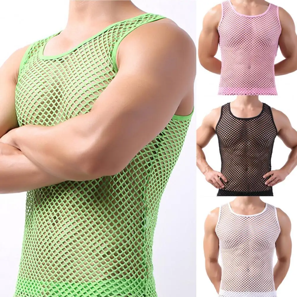 

Sexy Attractive Hollow Out Pure Color Vest Male Underwear Sheer for Sleeping