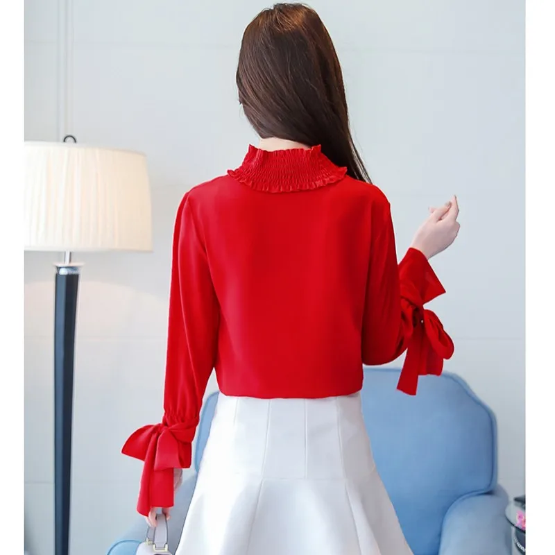 Элегантная винтажная женская рубашка на осень с высоким воротником однотонная