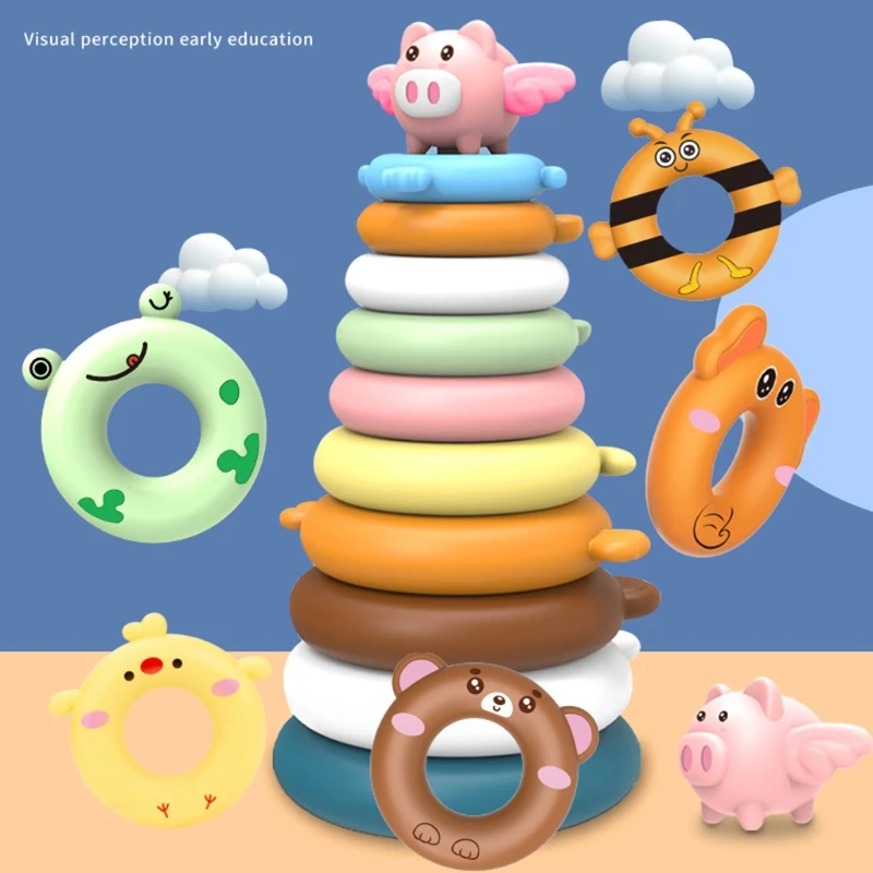 

Rainbow Cartoon Animal Pig Baby Toy Plastic Blocks Stacking Tower Creative Educational Toys Early Learning Game Supplies