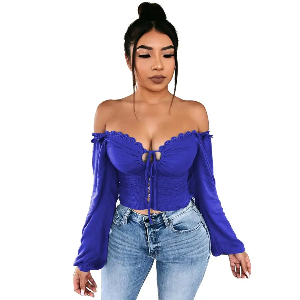 Женская Осенняя однотонная блуза с открытыми плечами v образным вырезом и