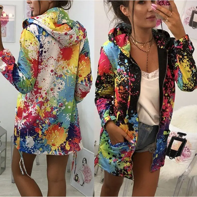 

Autumn Women Zipper Printed Mid-length Coat Tops Hoodie Hooded Colorful Graffiti Coat Ladies Jacket Fashion Slim Thin Jumper