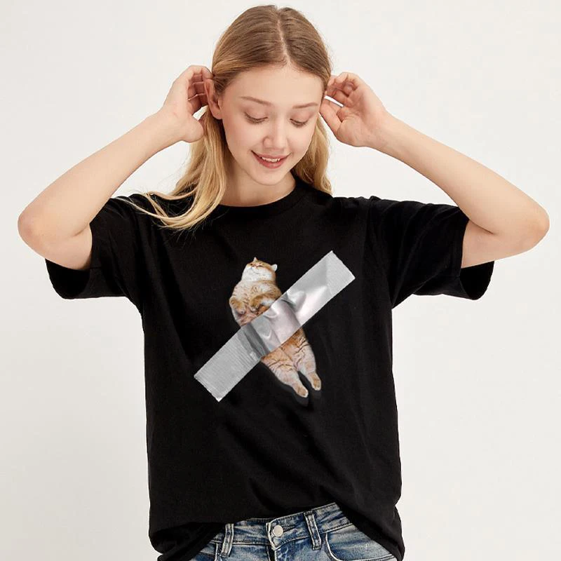 

Cotton Adhesive Tape Cat Cute Print Short Sleeve Women T Shirt Creativity Funny Couple Clothes Summer Harajuku 2xl Oversized Top