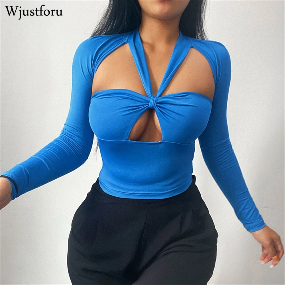 

Wjustforu Halter Hollow Out Crop Top Women V-Neck Long Sleeve Rave Party Club Wear 2021 Summer Sexy Skinny Solid Crop Top