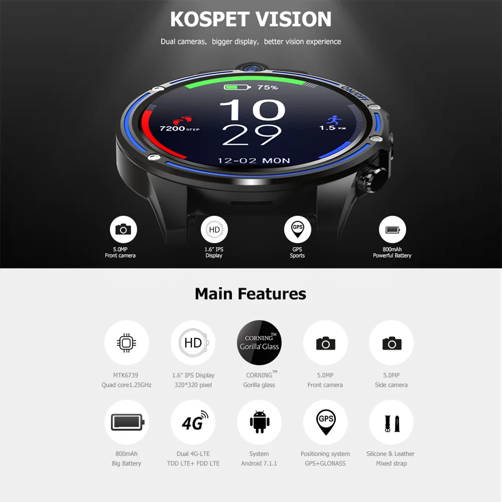 Смарт часы KOSPET Vision 3 ГБ 32 Android 7 1 двойная камера 4G Bluetooth умные GPS WIFI с sim картой для