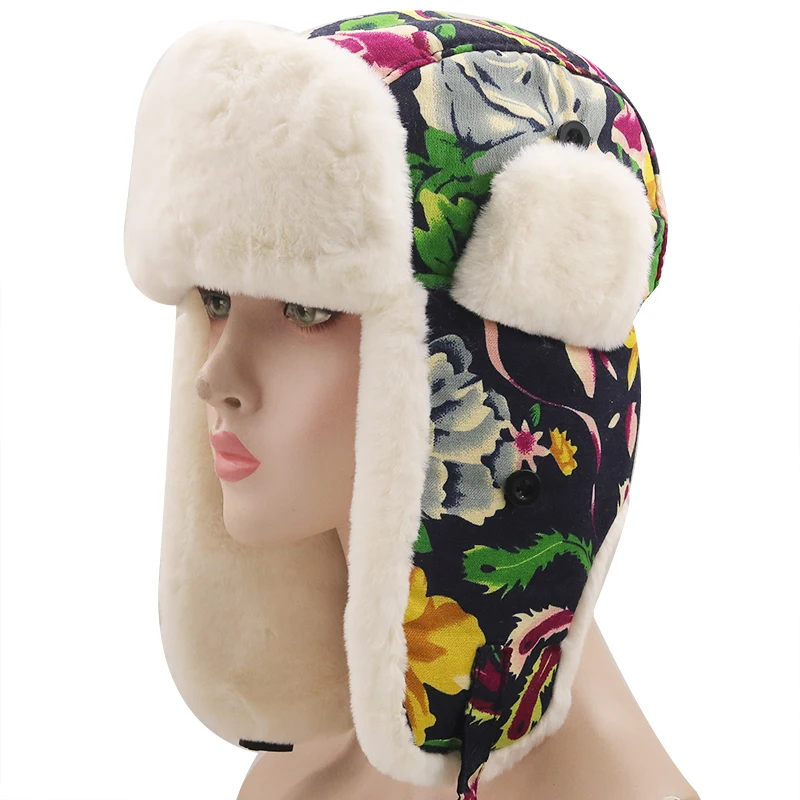 

New Super Warm Knitted Bomber Cap For Women Girl Outdoor Wind Prevent Russian Hat Snowflower Trapper Hat Deer Floral Earflap Cap