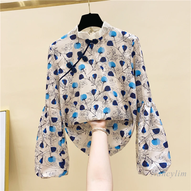 Retro Buckle Stand Collar Shirt for Women 2021 Spring New Loose Printed Lantern Sleeve Loose Blouse Lady's Top Nancylim