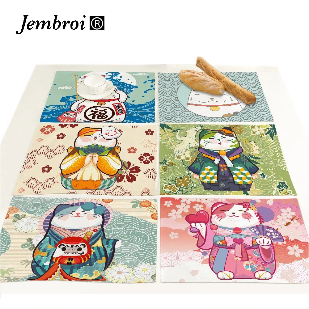 

Japanese Lucky Cat Faux Linen Print Placemats for Table Mat Pad Doilies Cartoon Home Decor Drink Coaster Kitchen Accessories