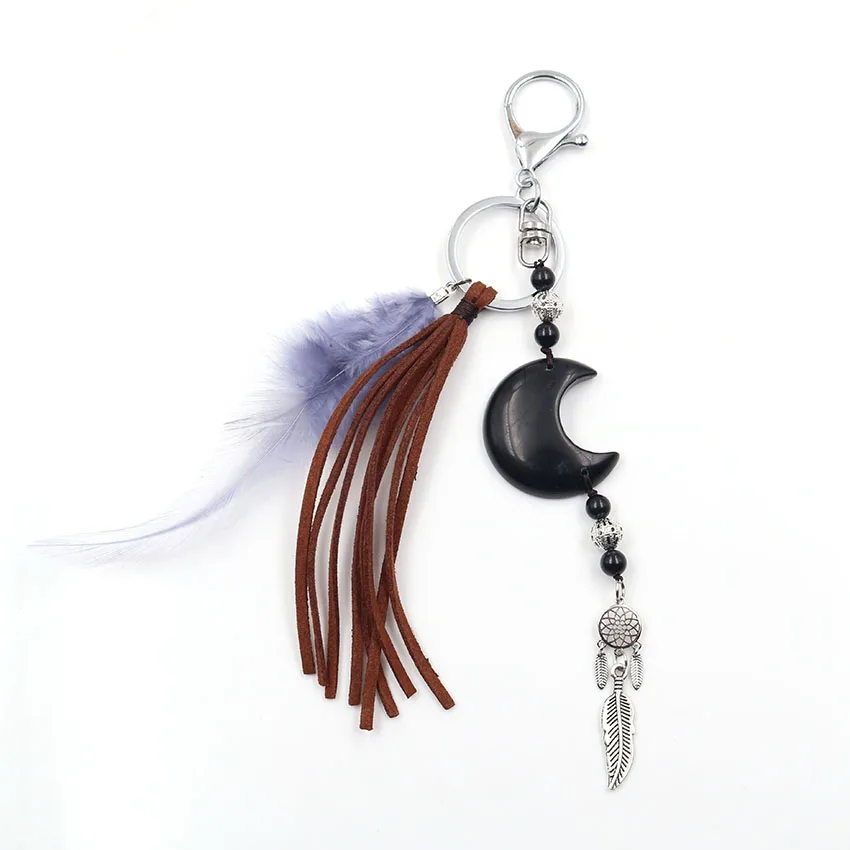 FYSL Посеребренная цепочка для ключей с круглым полумесяцем кисточками перьями