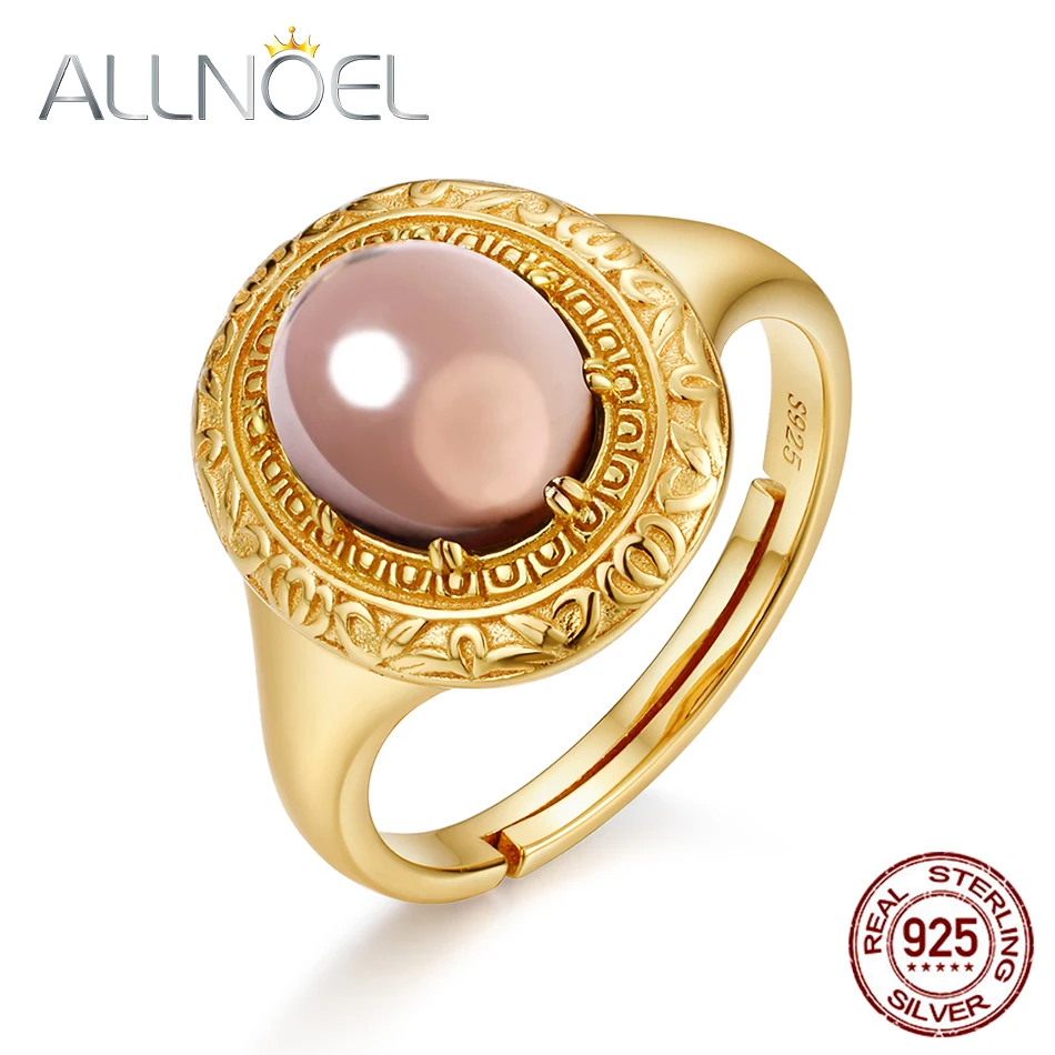 

ALLNOEL, кольца из стерлингового серебра 925 пробы для женщин, 100% натуральный дымчатый кварц, резьба по листу, позолоченные обручальные свадебны...