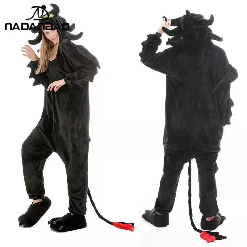 

NADANBAO New Onesie Cartoon Sleepwear Women Anime Pajamas Black Dragon Boys Girls Jumpsuit Flannel Thickened Home Service Dress