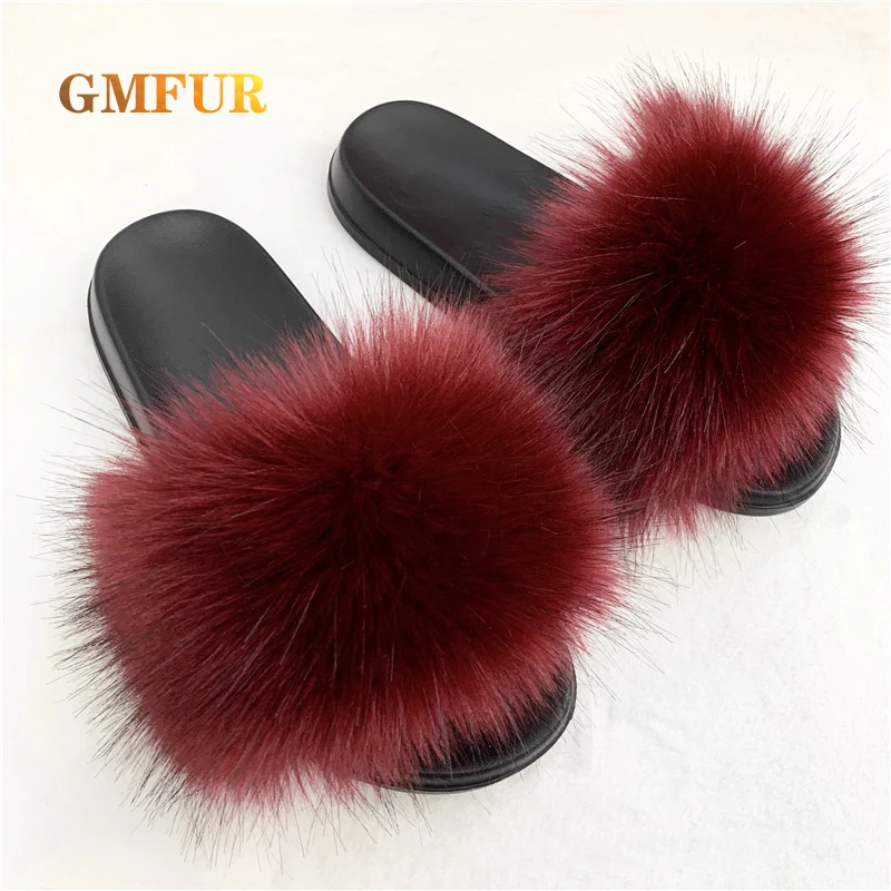 

Ladies Slippers Summer New Style Faux Fox Fur Slides Indoor Outdoor Beach Shoes Female Raccoon Soft Plush Flip flop Sandal Women