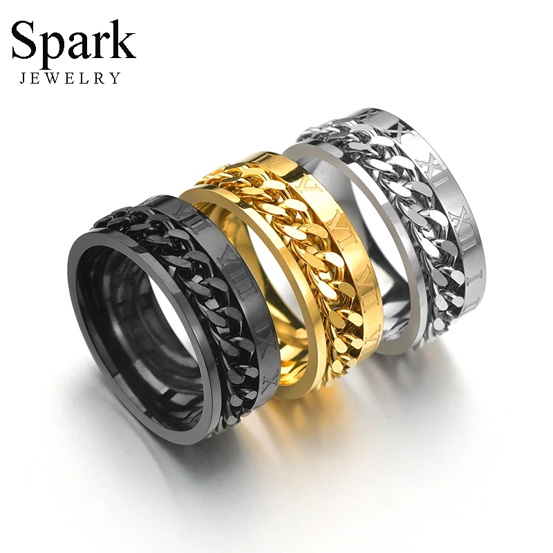 Spark 8 мм римские цифры прядильная цепь кольца панк нержавеющая сталь вращающиеся