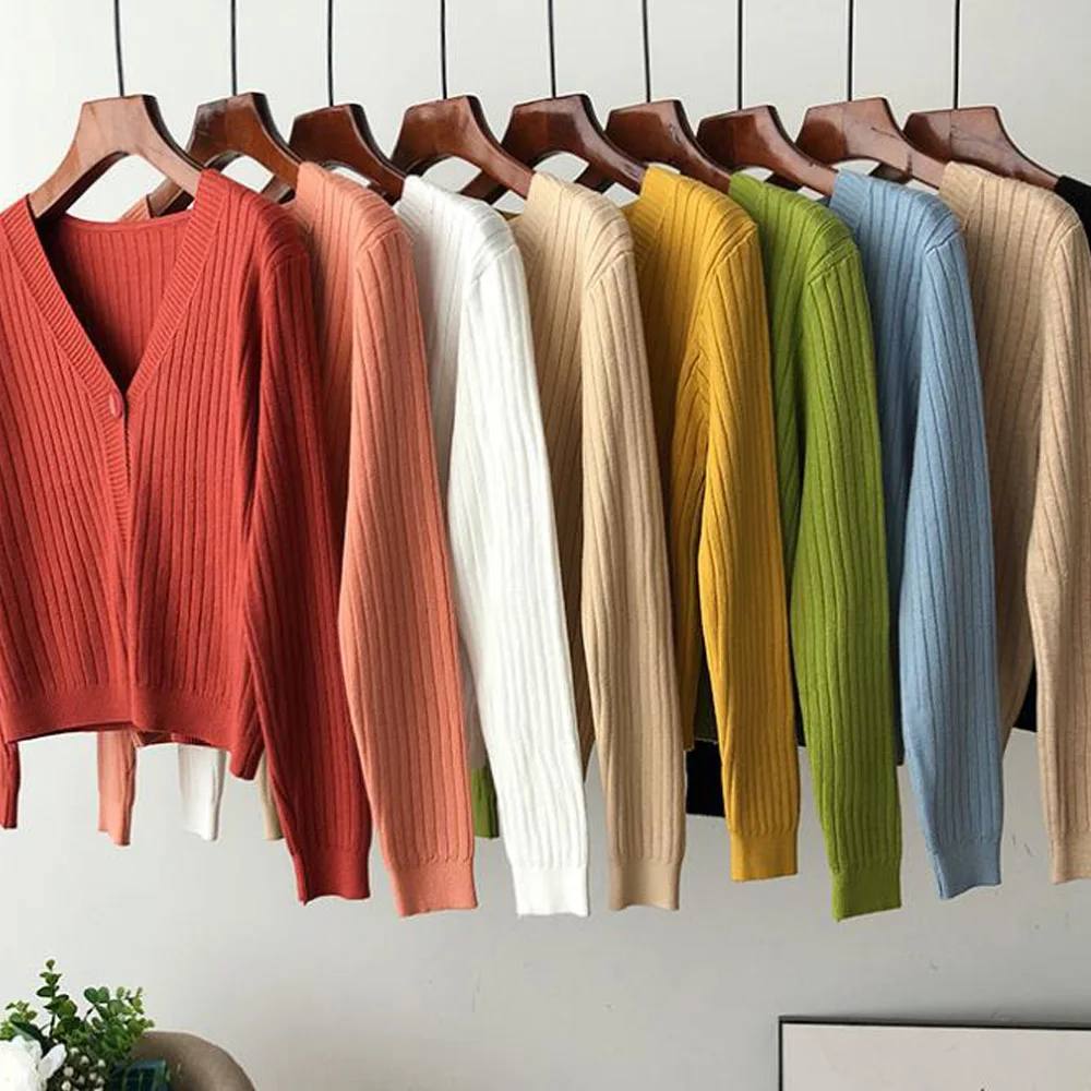 

Vintage Cardigan Knitted V Neck Sweater Women Spring Autumn Long Sleeve Coat Casual Button Thick Short Knitwear Solid Female Top