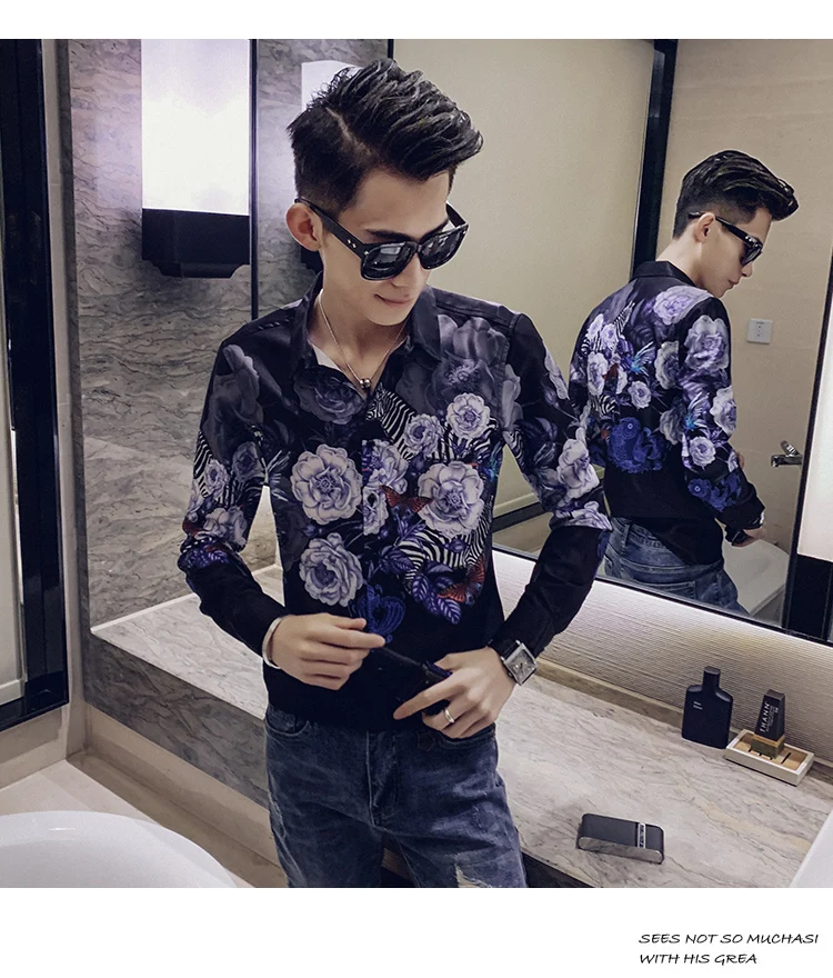 Camisa Masculina цифровой принт мужские рубашки с длинным рукавом Осень мужские рубашки с цветочным узором повседневные приталенные рубашки для ночного клуба homme 3XL