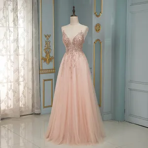 Сексуальное розовое длинное платье на тонких бретельках, блестящее Тюлевое расшитые блестками и бисером с открытой спиной, вечерние платья YQLNNE