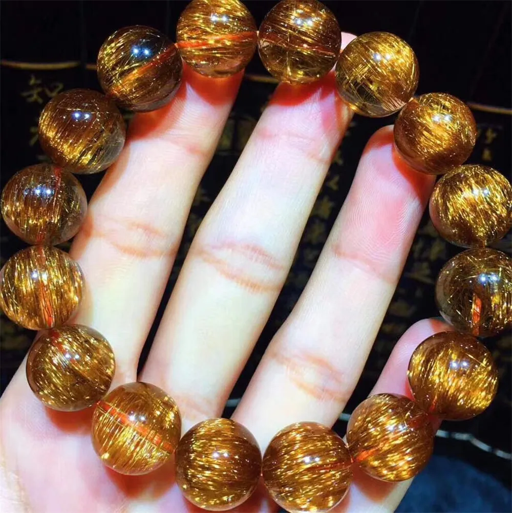 

14mm Natural Copper Rutilated Bracelet For Women Lady Man Cat Eye Crystal Round Beads Stretch Luck Wealth Gemstone Strands AAAAA