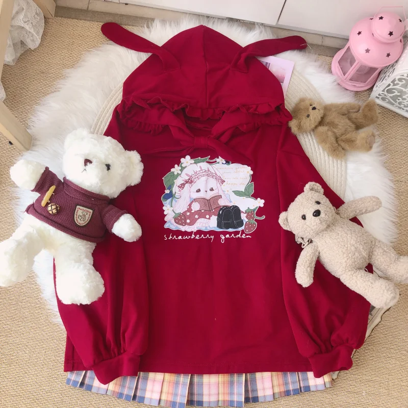 

Japanese Autumn Winter Girl New Soft Sister Fungus Loose Long Sleeve Hooded Kawaii Cute Cartoon Bunny Strawberry Print Hoodies