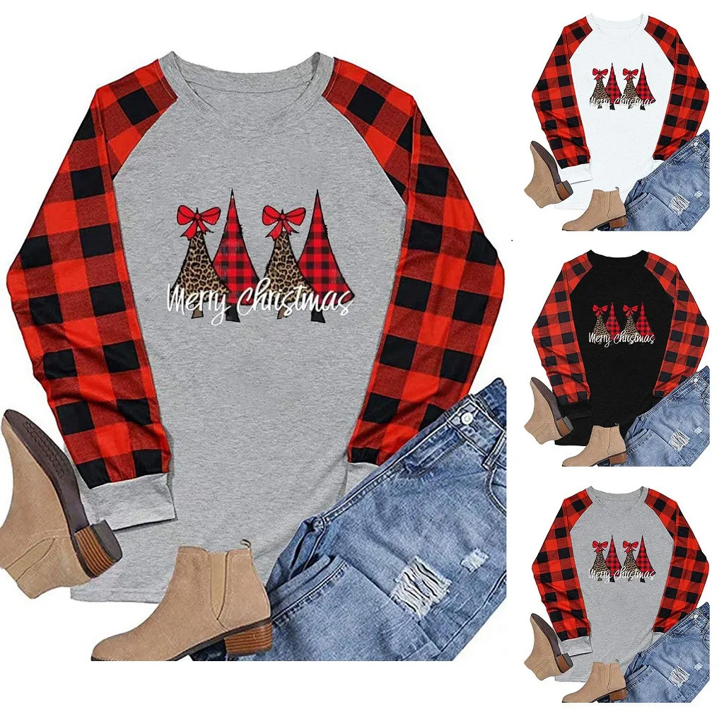 Женские повседневные футболки блузки с длинным рукавом в клетку рождественским