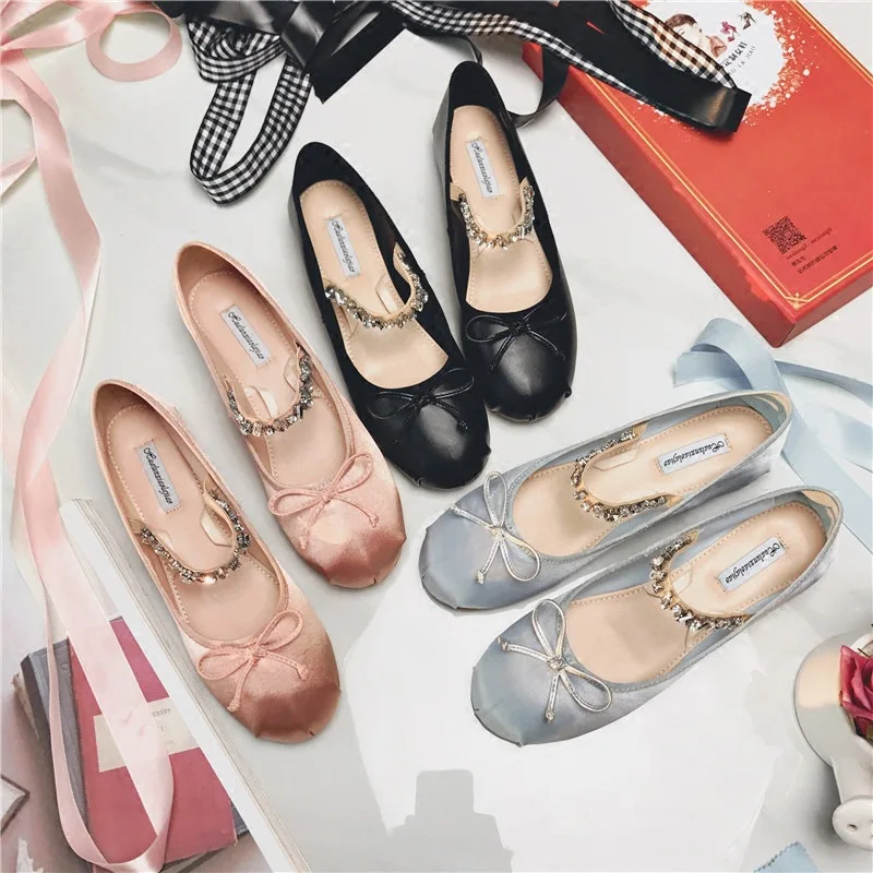 

Silk flats crystal elastic ballet shoes women bowtie round toe loafer shallow sweet moccasins 3-style ballerina pu leather shoes