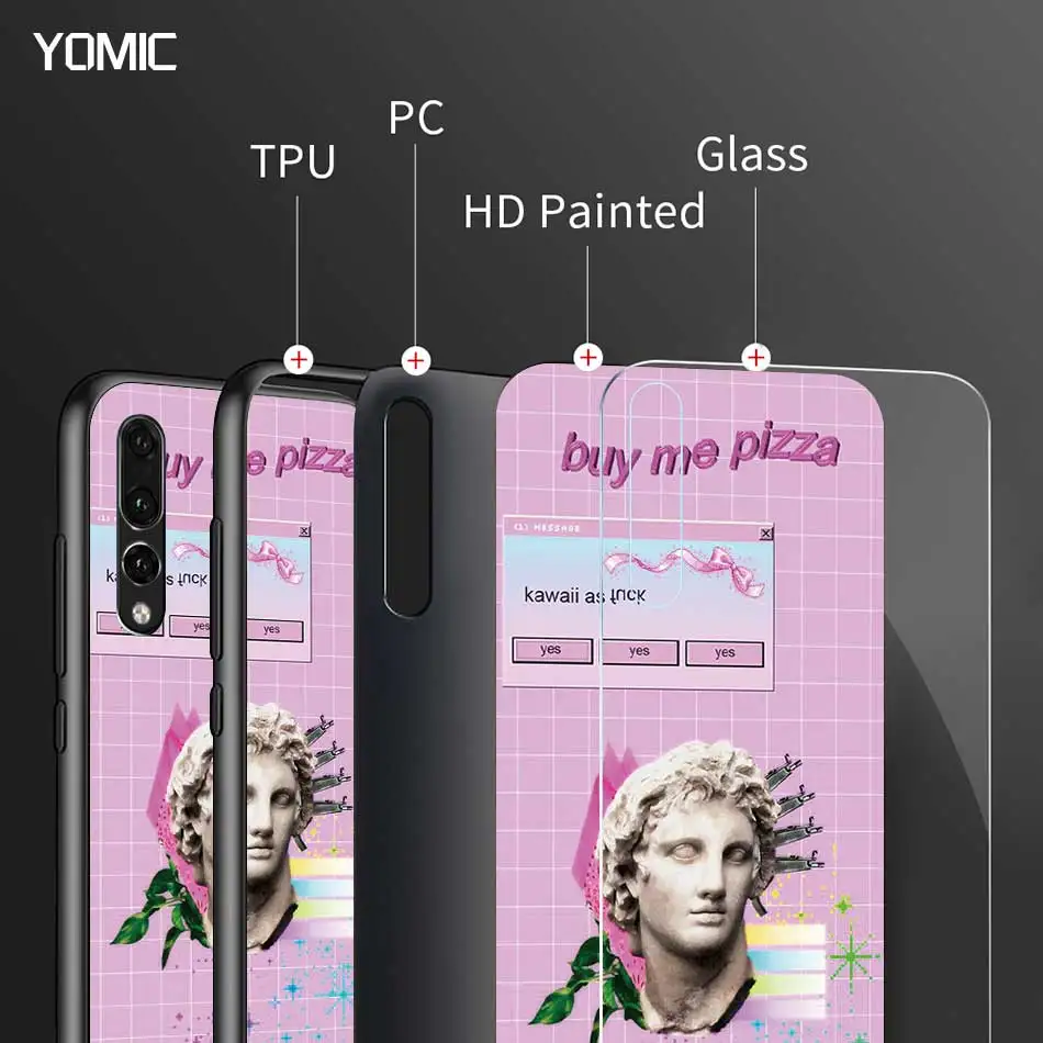 

Vaporwave Glitch Anime Tempered Glass Case for Huawei P30 P Smart Z P40 Pro Plus P10 P20 Lite 2019 Shell Cell Phone Cover Coque
