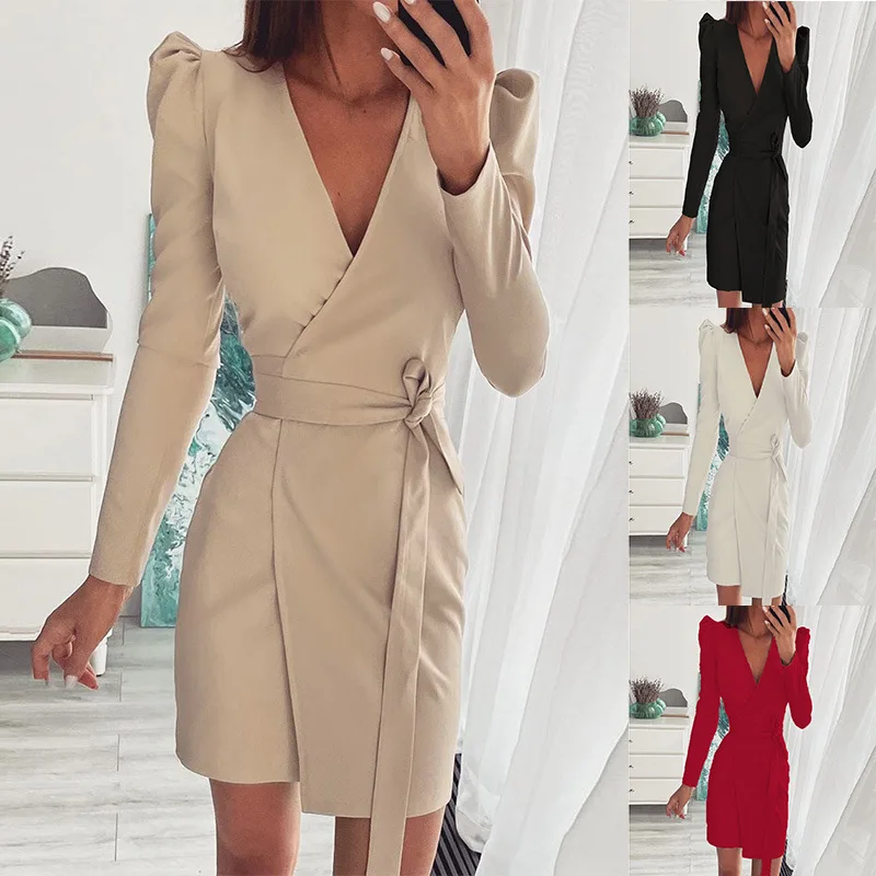 

Women's 2022V Neck Folded Shoulder Slim Belt Midi Dress