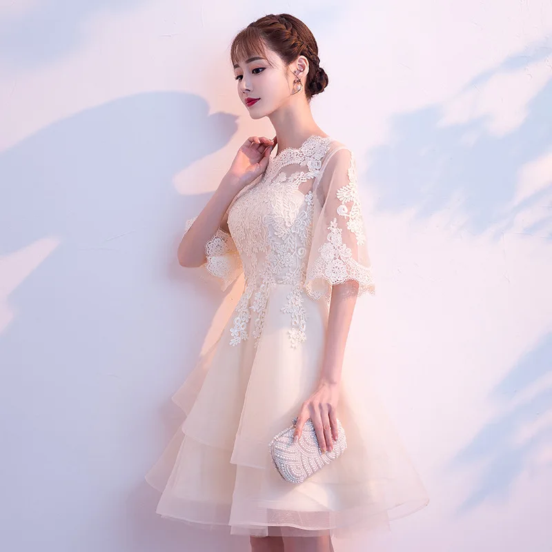 Элегантное кружевное вечернее платье с вышивкой модное короткое круглым вырезом