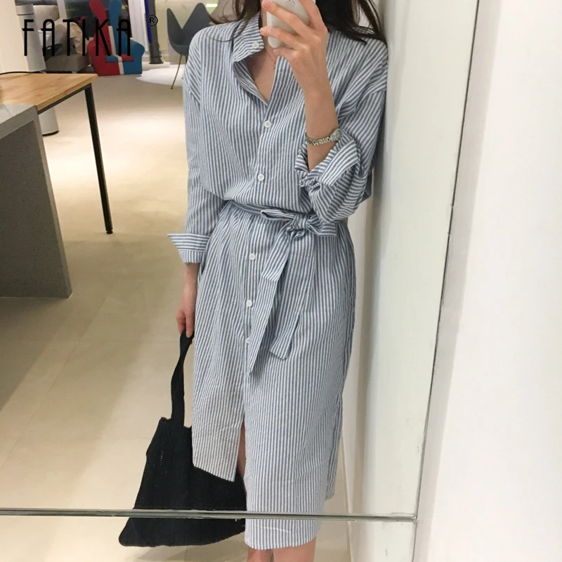 

Fatika Womens Dresses Spring Autumn Ladies Elegant Ladies Casual Striped Shirt Dress Lace Up Single Breated Dress