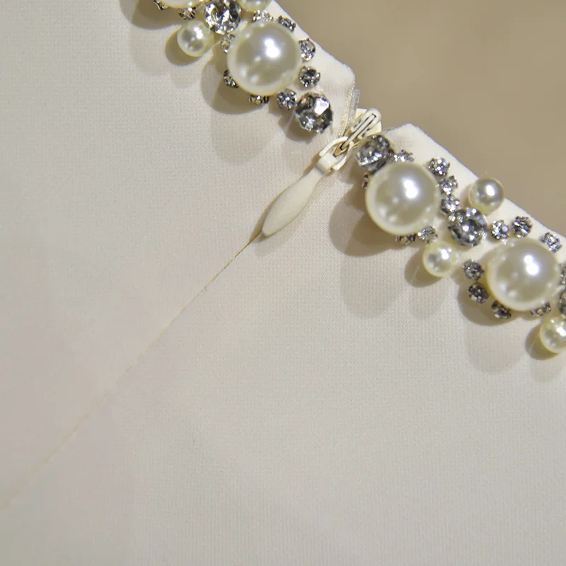 

High Quality Women Summer Vintage Elegant Sweet Ladies Temperament Slim Pearl Diamond Short Sleeved Dress