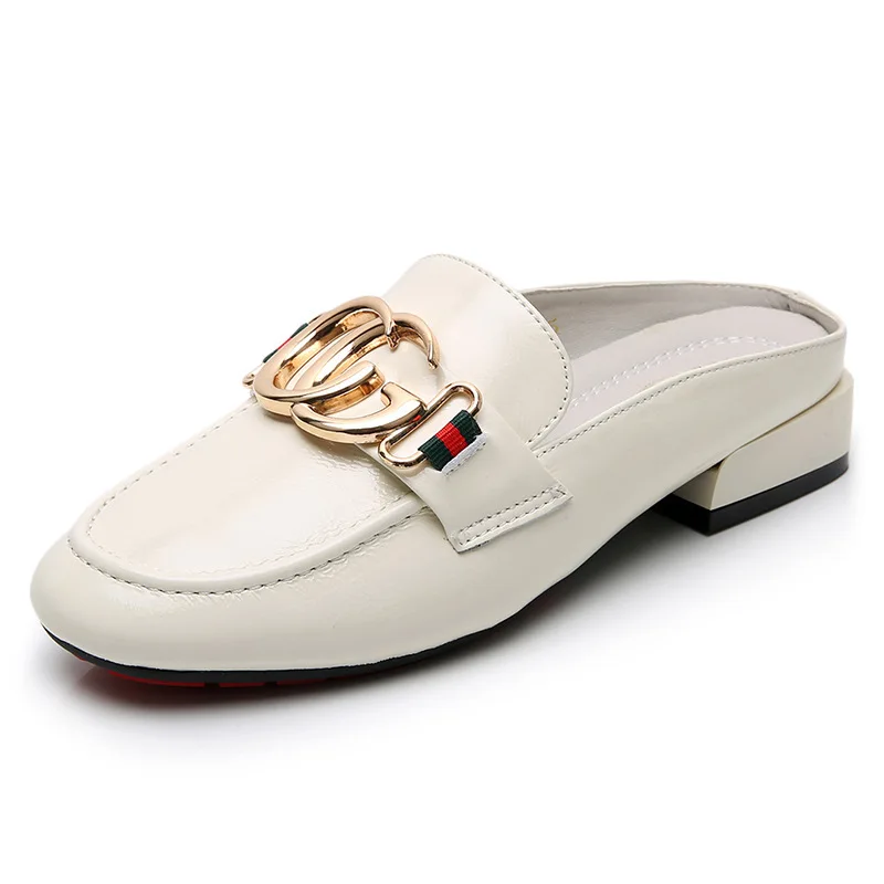 

Grain Leather Fluffy Muller Lazy Sandals Shoes Fashion Square Toe Women Slippers Size 35-43