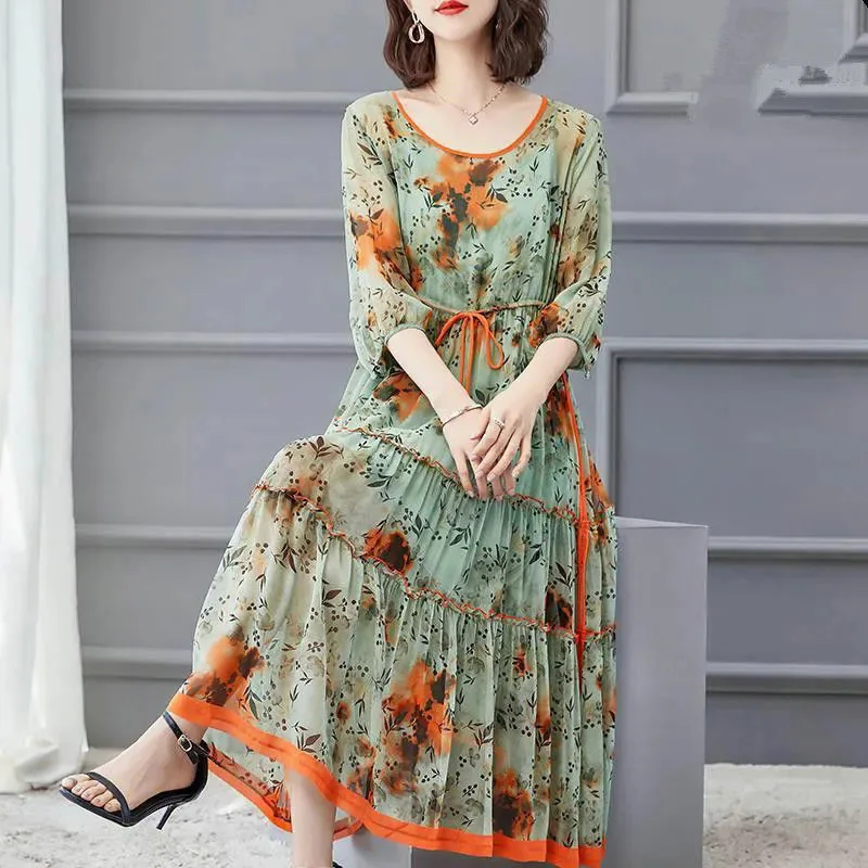 

Imitation Silk Women Dresses 2021 Summer New Plus Size Fashion Elegant Print Floral Loose Dresses Female O-Neck Long Dress