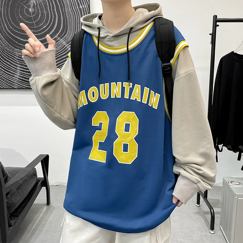 

Hip Hop Fake Two Piece 2021 Autumn Spring Fashion Black Blue Men'S Hip Hop Long Sleeve Pullover Hoodies Sweatshirt Clothes