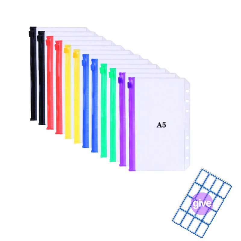 

12Pcs A5/A6 Binder Pockets Clear Colorful Zipper Folders For 6-Ring Loose Leaf Bag Notebook Binder Pouch Document Filing Bags