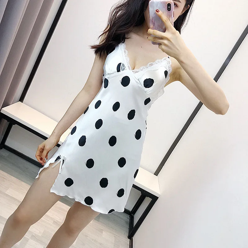 Женская ночная рубашка в горошек шелковое кружевное ночное белье лето 2019