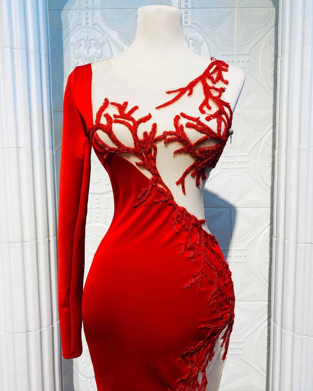 Sexy Red Mermaid Prom Dresses One Shoulder Long Sleeves Spandex Lace Appliques See Thru Length Evening Gowns | Свадьбы и торжества