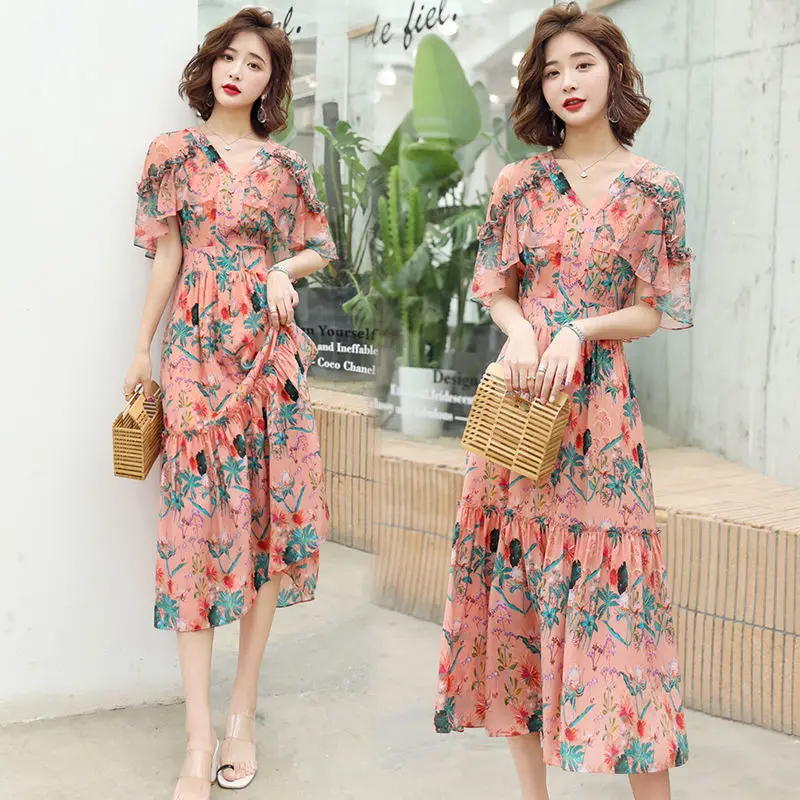 Плащ рукава шифоновое платье с цветочным принтом для женщин складки элегантное