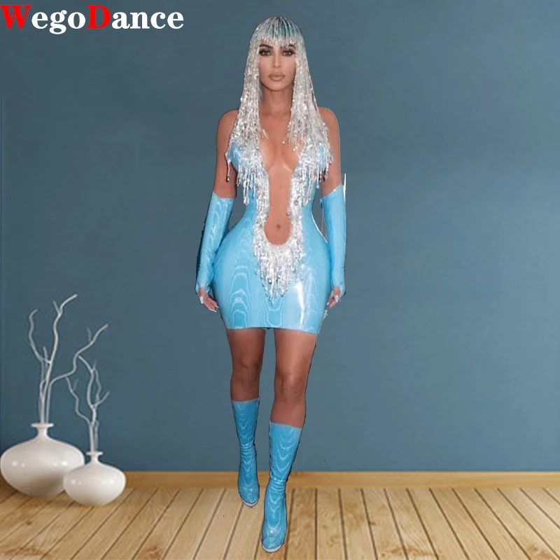 

Kardashian Blue Sexy Sheer Back Bodycon Dress Women Vestidos Summer Round Neck Sleeveless Mini