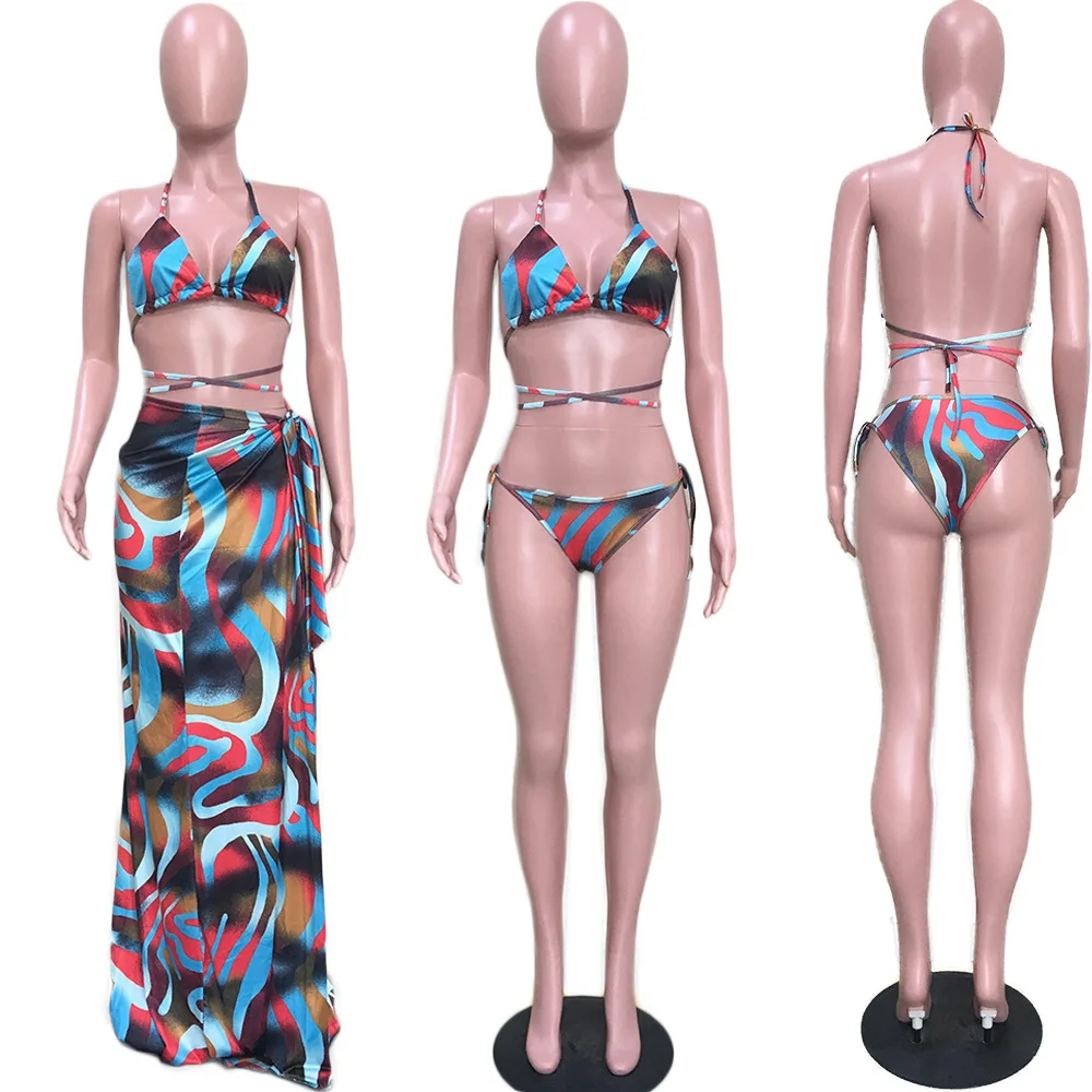 

Women beach leaf bohemian print chiffon high side split skirt halter bra panties 3 pcs set sexy bodysuit