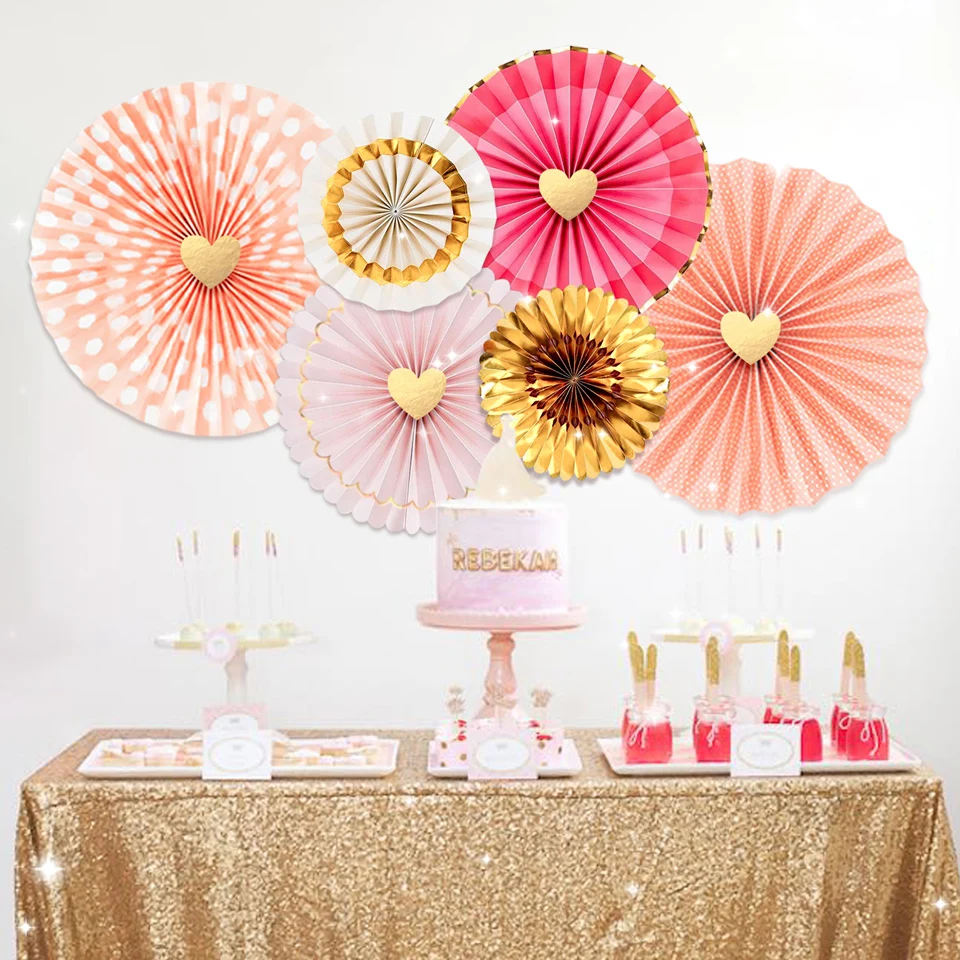 

NICROLANDEE 6 pcs/set Bridal Decoration Rose Gold Pink Paper Fans Kit Wedding Birthday Valentine's Love Decor New Party