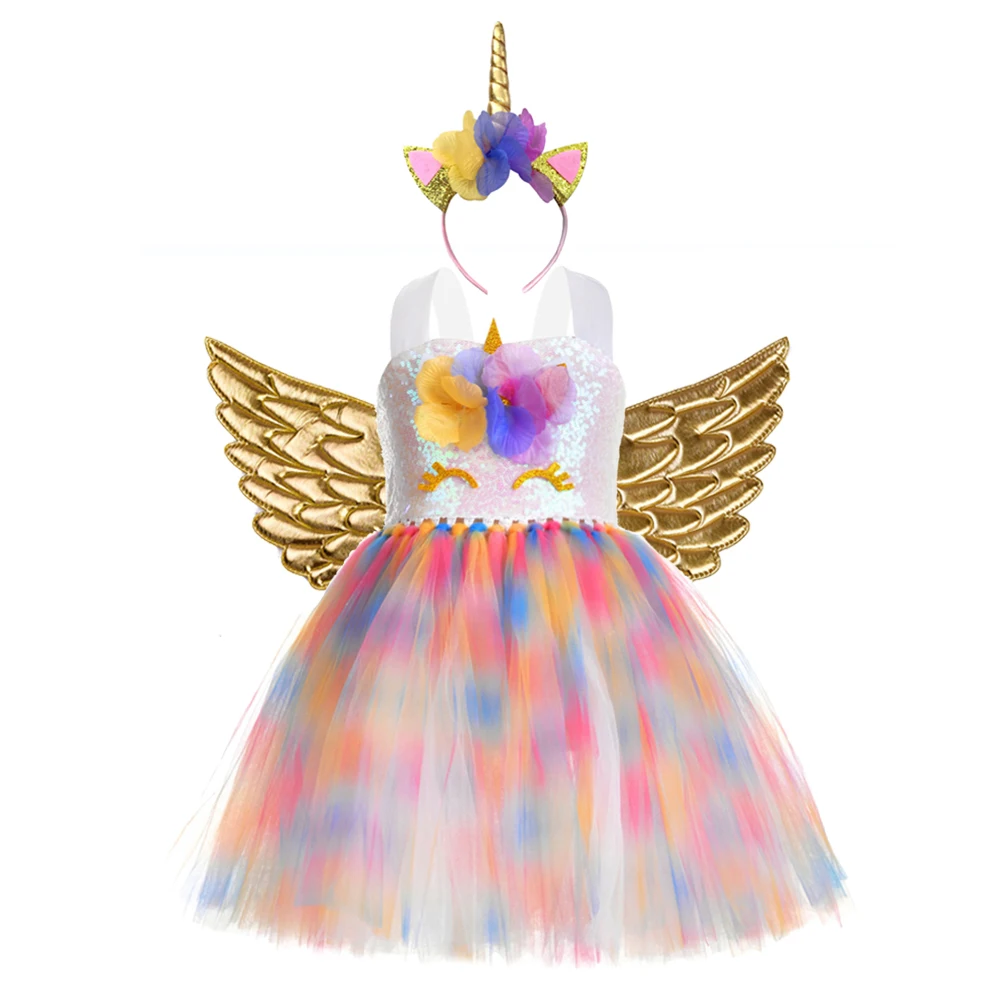 Rainbow Sequin Tulle Tutu Unicorn Dress Girls Flower Birthday Party Vestido Unicornio Summer Princess Kid Costume | Детская одежда и