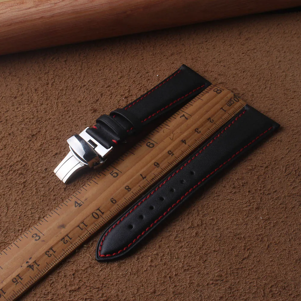 

Genuine Leather Watchband Strap smooth Black Cowhide leather Red line stitched 20mm 22mm butterfly buckle silver Accessories men