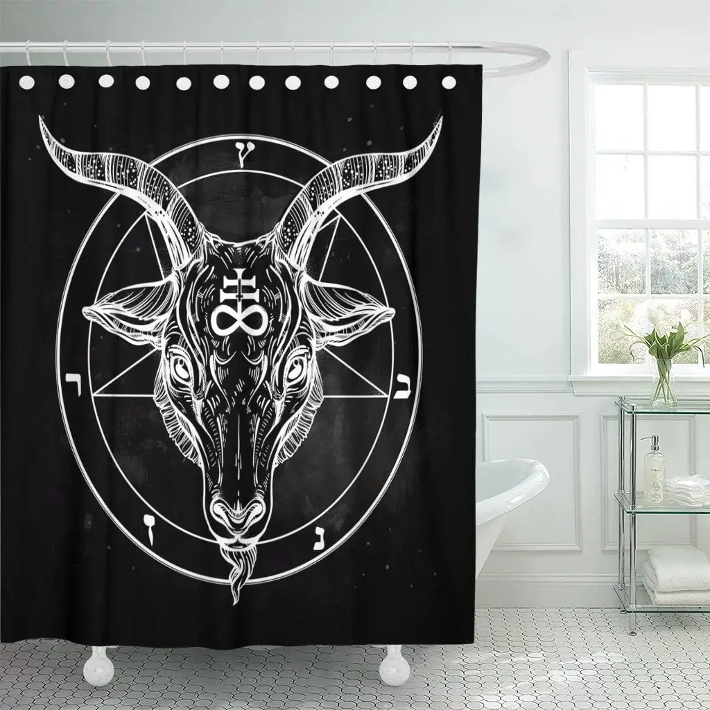 

Pentagram with Demon Baphomet Satanic Goat Head Binary Symbol Tattoo Retro Music Summer for Biker Waterproof Polyester Curtain