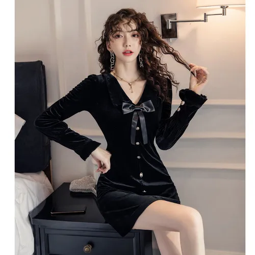 TingYiLi Black Velvet Dress Autumn Winter Long Sleeve Elegant Ladies Dresses Vintage V-neck Short Party | Женская одежда