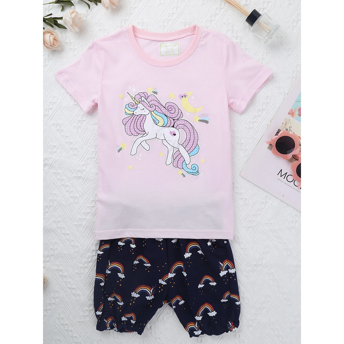

Toddler Kids Baby Girl Outfit Set Summer Cotton Cute Cartoon Print Short Sleeve T-shirt Tops With Shorts Girls Clothes Set 3T-7T