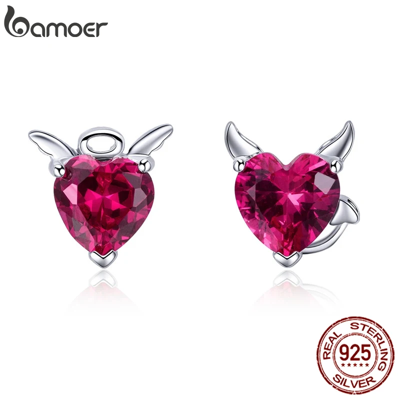 

BAMOER Fashion 925 Sterling Silver Angel And Devil Pink CZ Heart Stud Earrings for Women Sterling Silver Jewelry SCE414