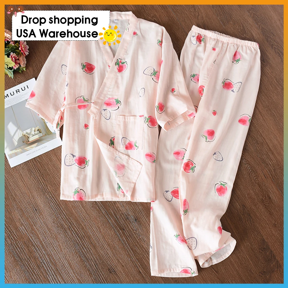 Женский хлопковый пижамный комплект на весну лето Осень двухслойный марлевый