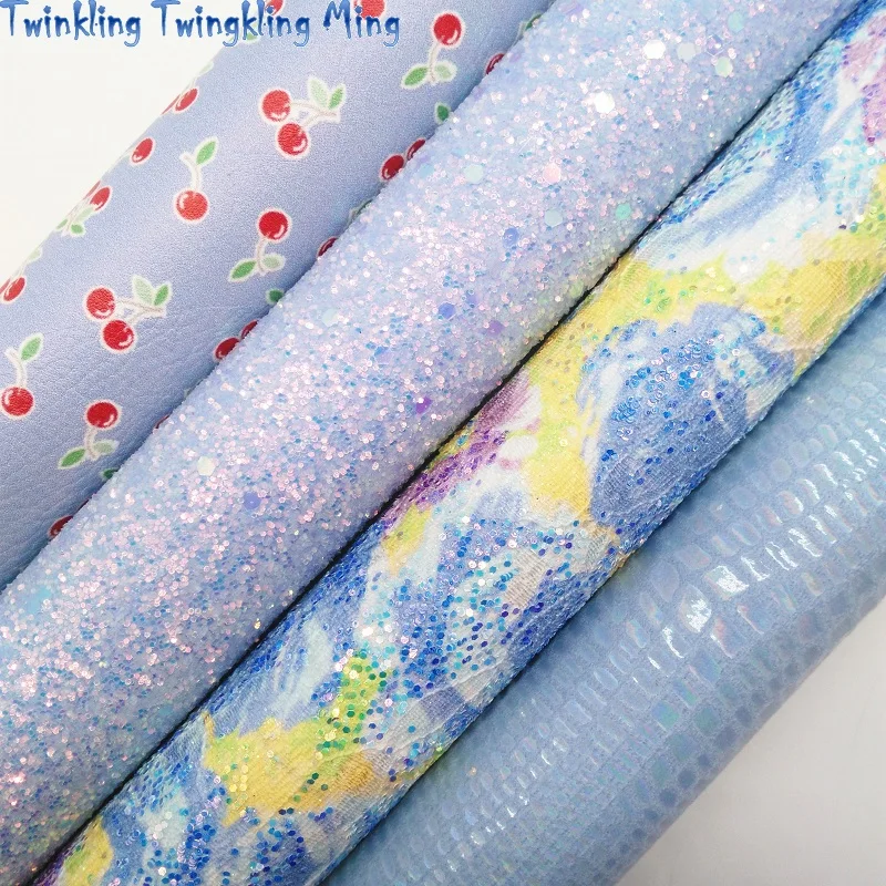 Синяя блестящая кожа с цветочным принтом простыня из искусственной кожи вишни