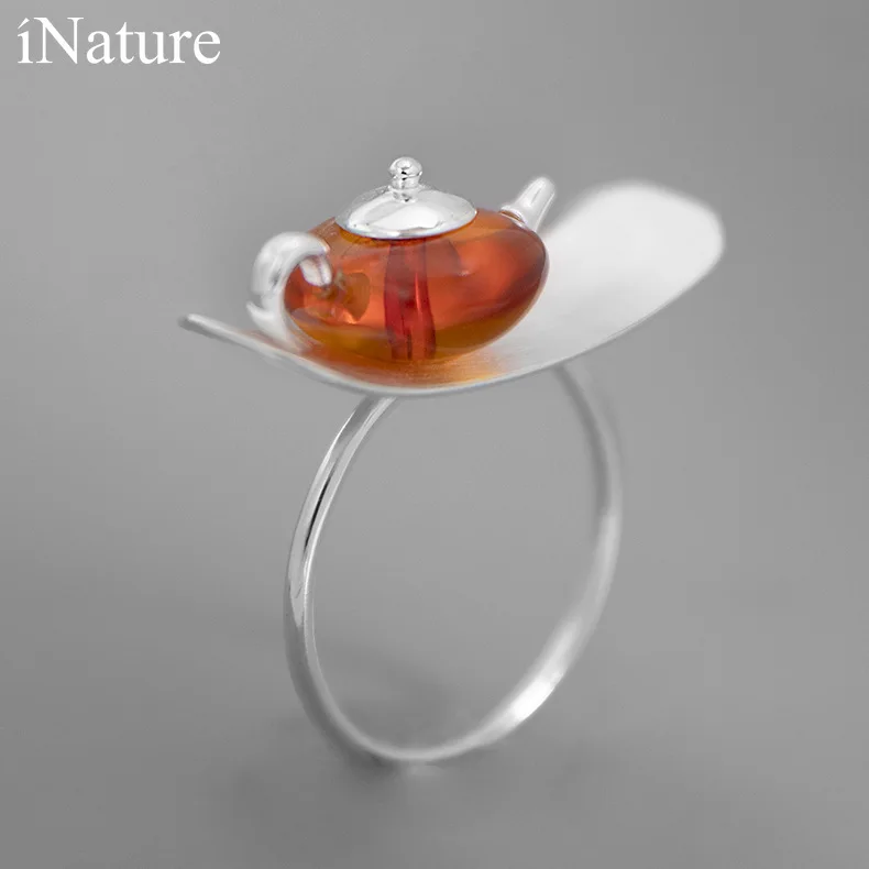 

INATURE 925 Sterling Silver Natural Amber Teapot Open Ring For Women Jewelry