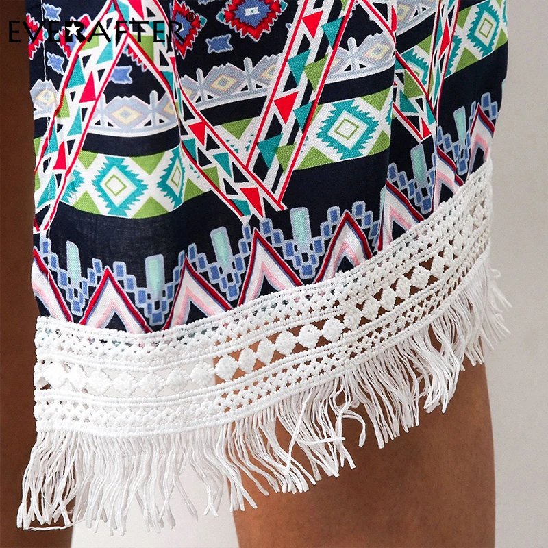 

EVERAFTER Beach Cover Up Elegant Kimono Long Blouse Women Geometric Print Tassel Summer Tops Loose White Casual Holiday Shirts