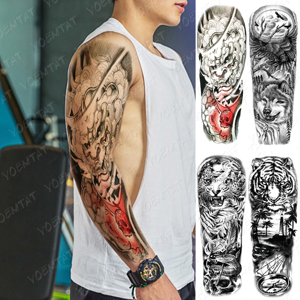 

Waterproof Temporary Full Arm Tattoo Sticker Skull Demon Tiger Wolf Snake Flash Tattoos Man Body Art Fake Sleeve Tatto Female