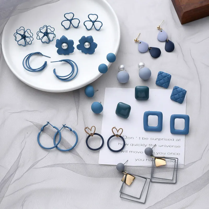 

Новинка 2020, корейские модные синие серьги, темпераментные геометрические женские серьги в стиле ретро с цветком